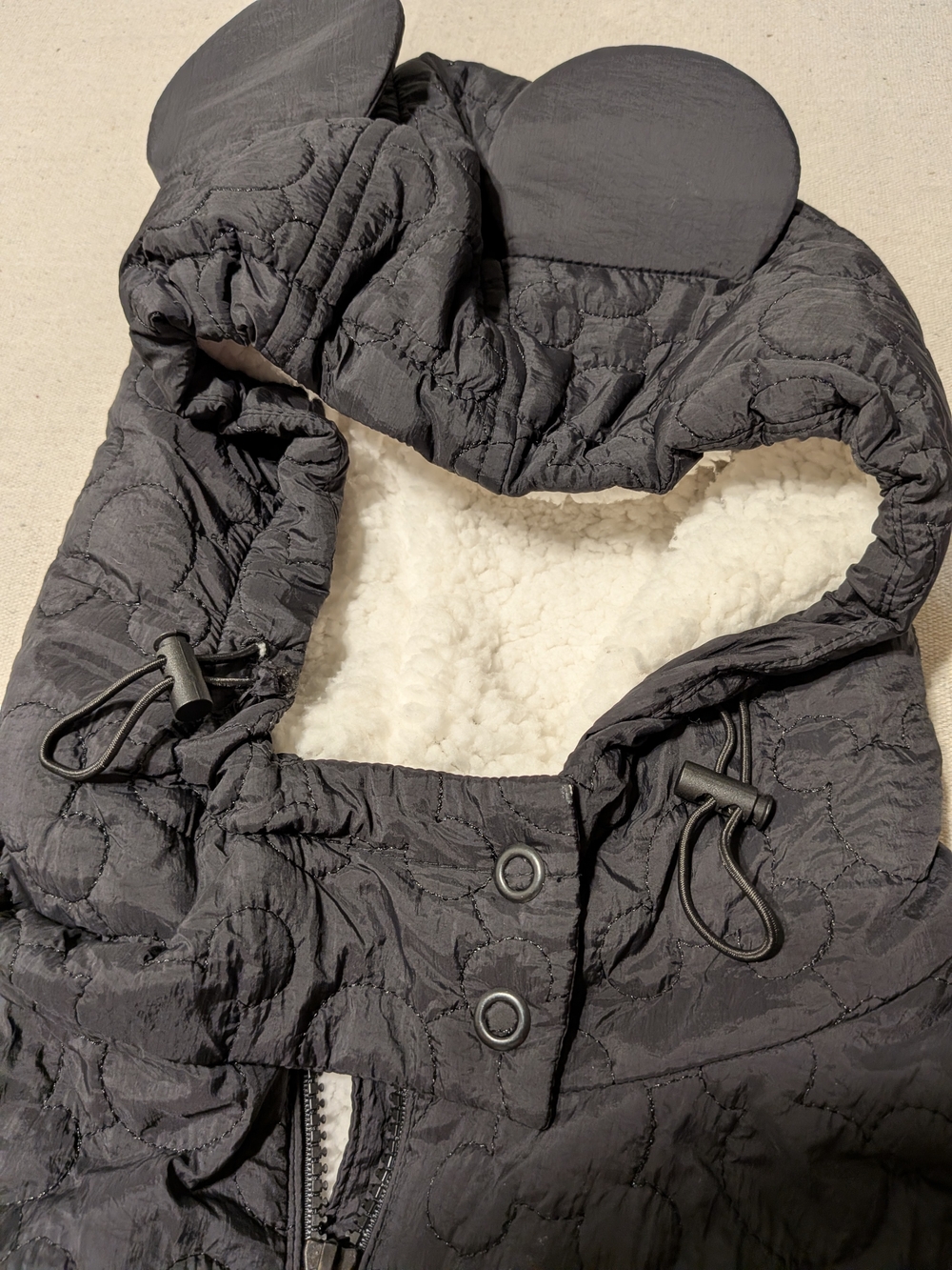 Disney Mickey Mouse Quilted Puffer Jacket Hooded Sherpa Black - Picture 4 of 11